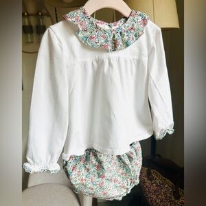 Set with White Long-Sleeve Baby Top with Floral Collar and Trim and short